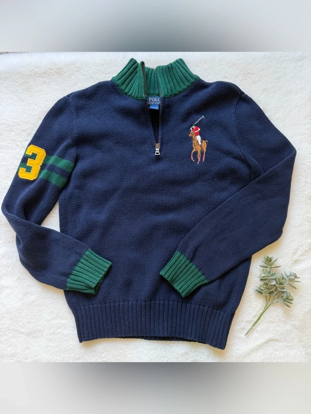 Ralph Lauren | EUC - Logo Quarter Zip Sweater - Size 14/16 - Navy/Green